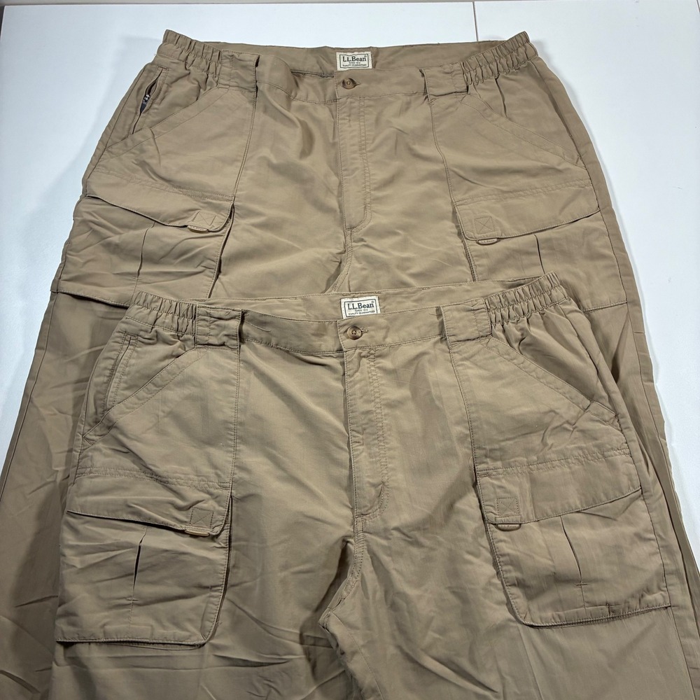 LOT of 2 LL Bean Cargo Hiking Pants XL 38x28 100% Nylon Elastic Waist Utility